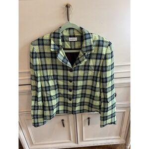 Vintage 90s Retro Clichy Green Plaid Button Up‎ Blazer Size 8 Career Workwear